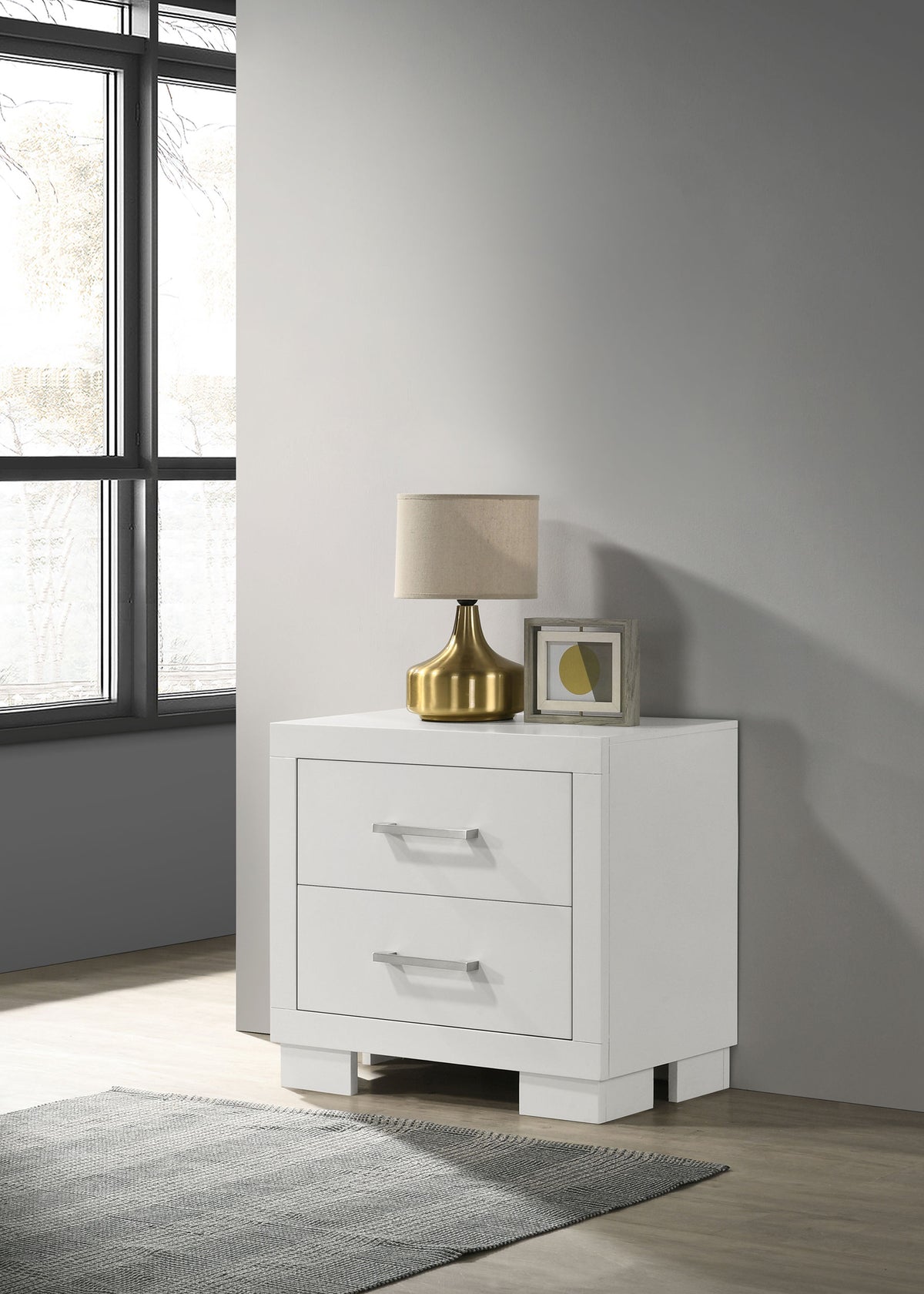 Jessica LED Platform Bed & Bedroom Sets - Contemporary Snow White with Silver-Tone Bar Pulls - lifestyle