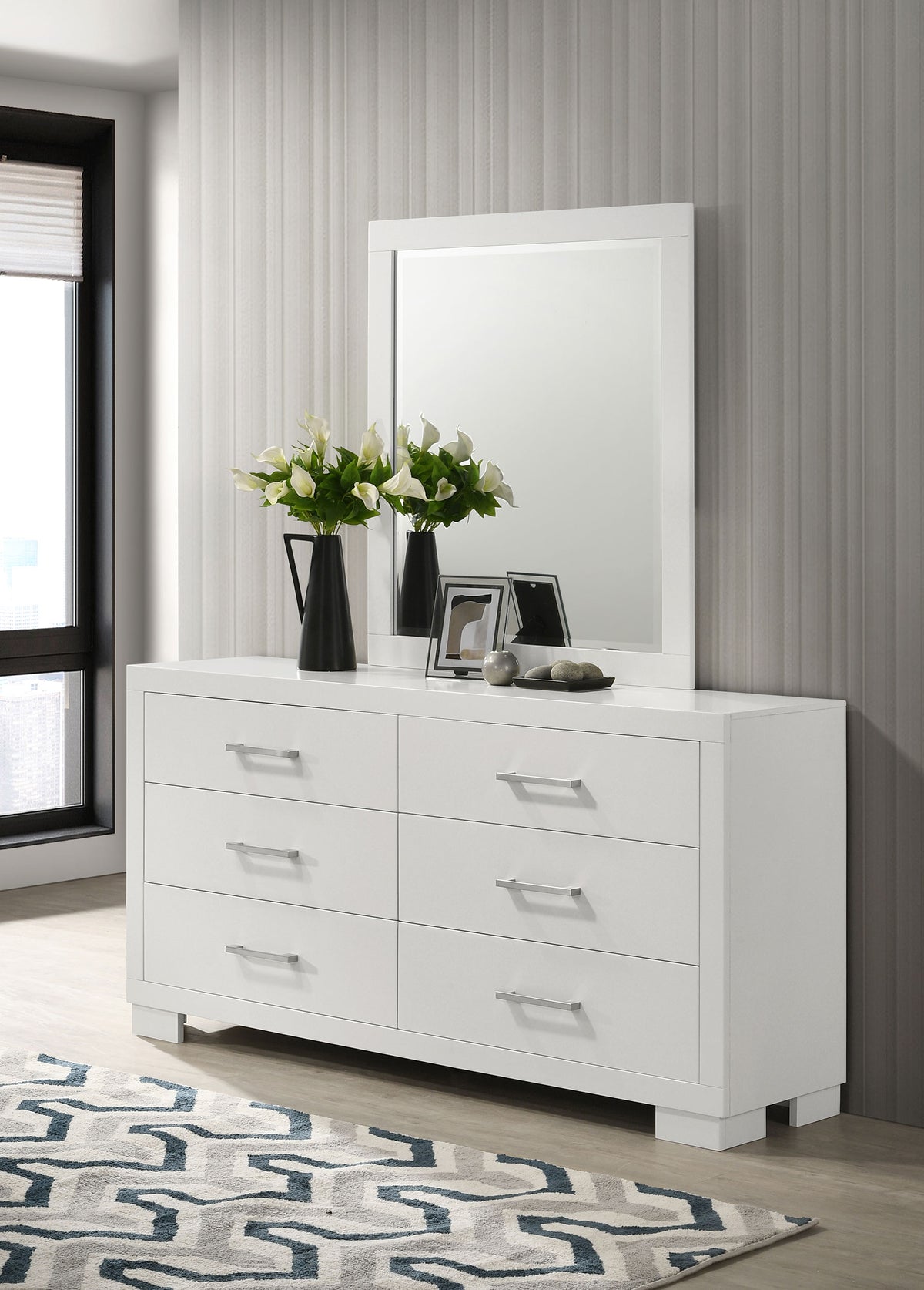 Jessica LED Platform Bed & Bedroom Sets - Contemporary Snow White with Silver-Tone Bar Pulls - lifestyle
