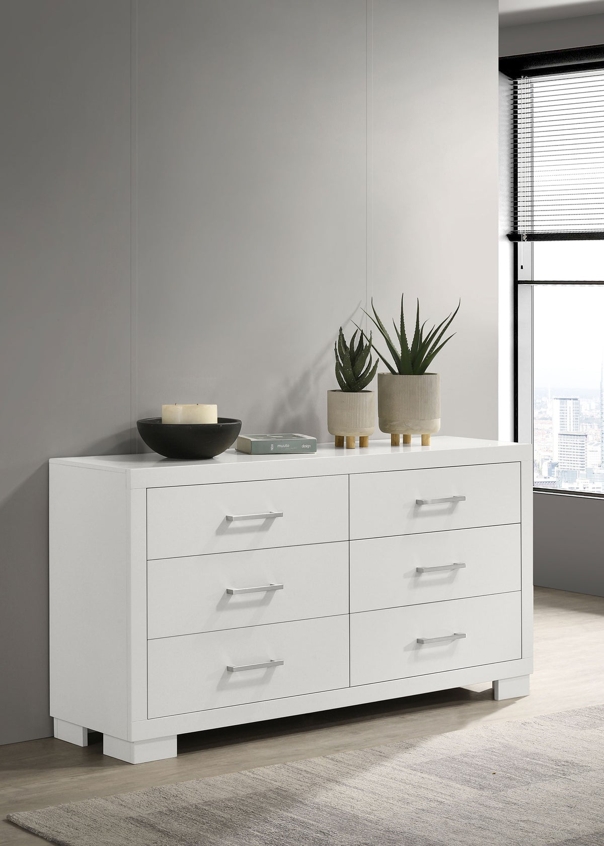 Jessica LED Platform Bed & Bedroom Sets - Contemporary Snow White with Silver-Tone Bar Pulls - lifestyle