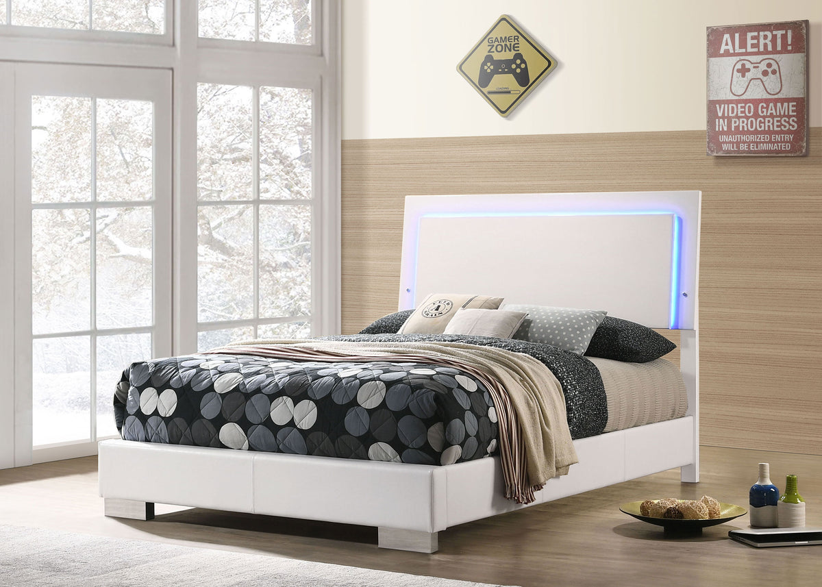 Felicity LED Panel Bed & Bedroom Sets - White High Gloss Headboard with Blue LED Lighting & Faux Leather Frame - lifestyle