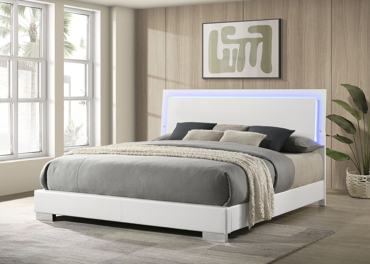 Felicity LED Panel Bed & Bedroom Sets - White High Gloss Headboard with Blue LED Lighting & Faux Leather Frame - lifestyle