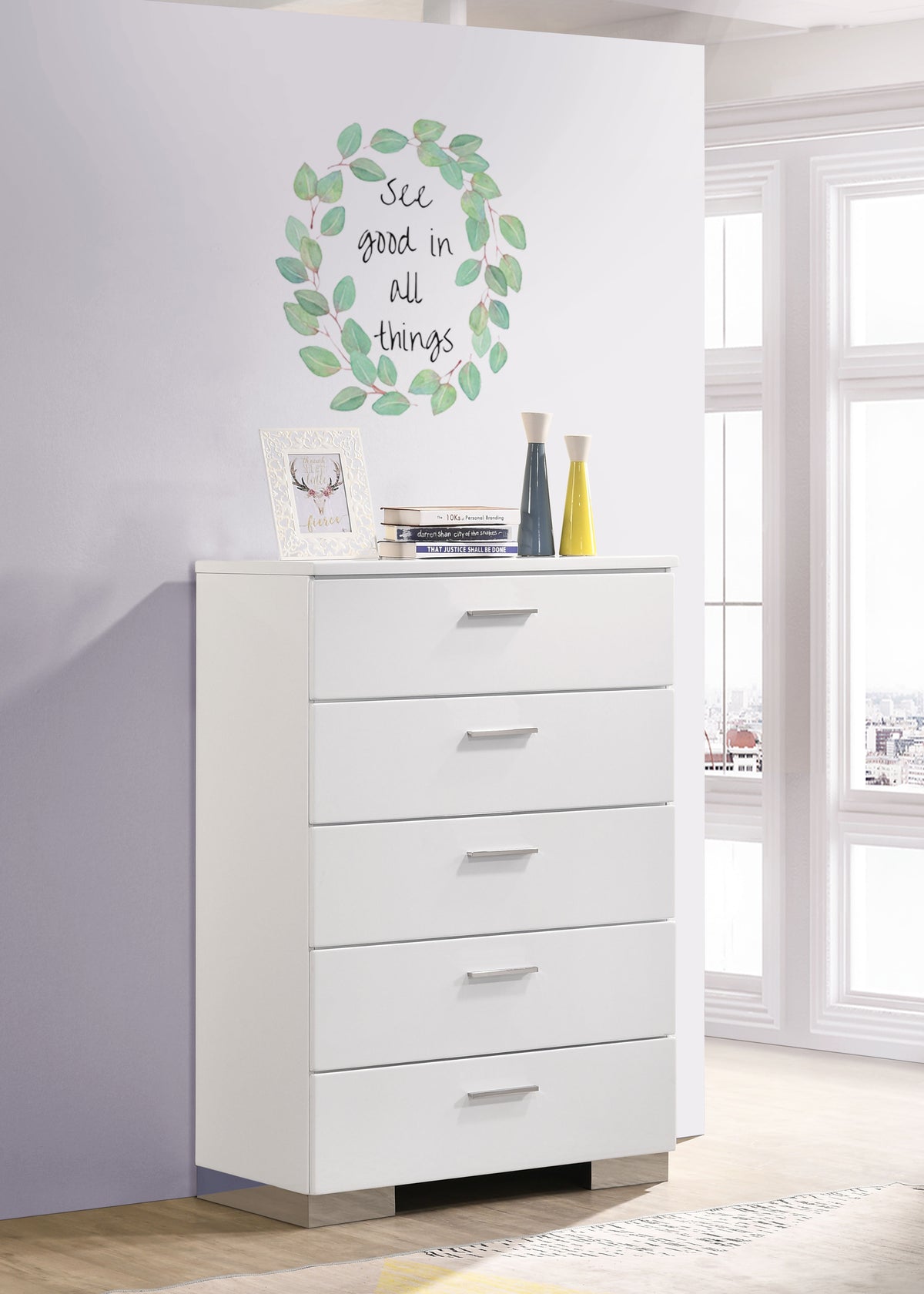 Felicity Bedroom Storage - Dresser, LED Mirror, Chest, Nightstand & Lighted Vanity in White High Gloss - lifestyle