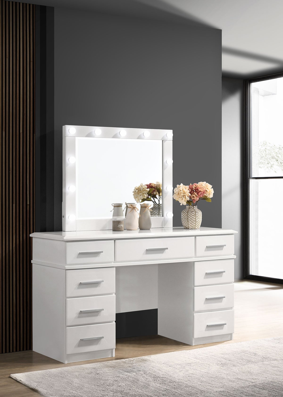 Felicity Bedroom Storage - Dresser, LED Mirror, Chest, Nightstand & Lighted Vanity in White High Gloss - lifestyle