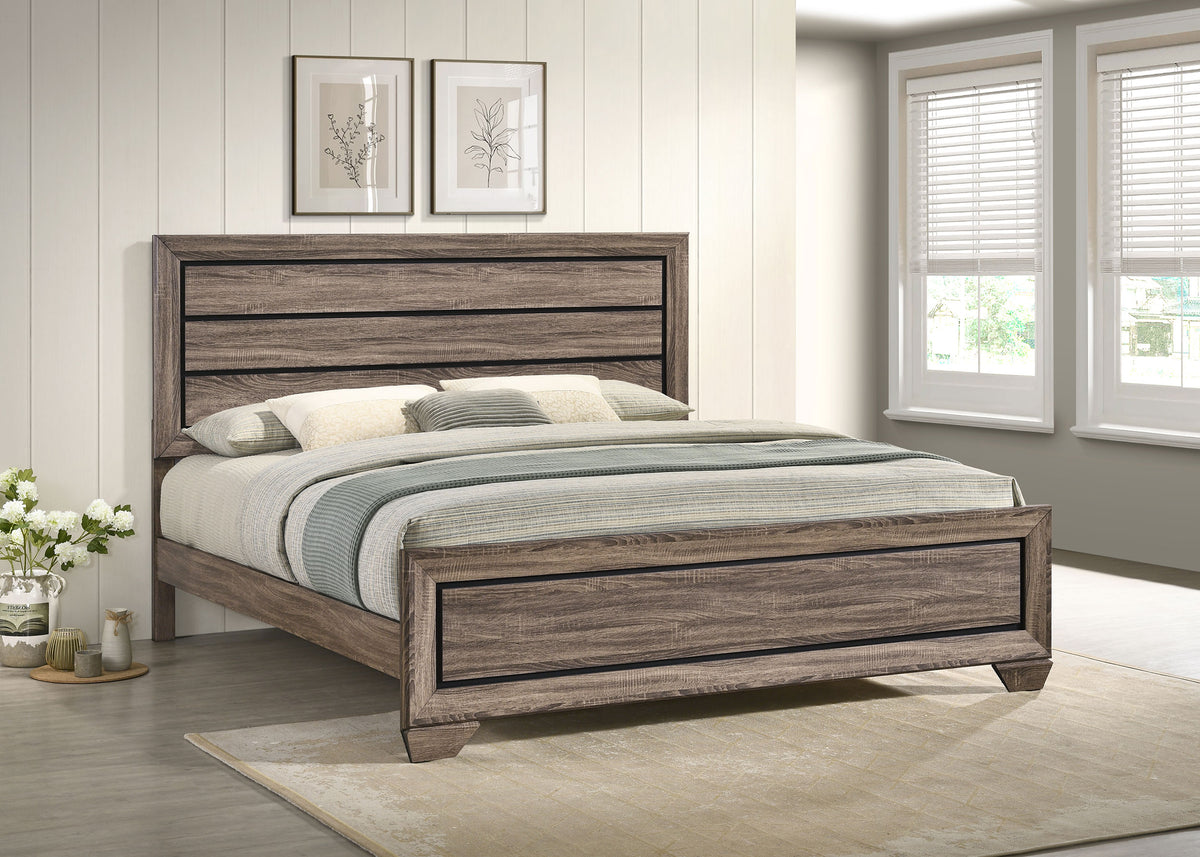Kauffman Panel or Storage Bed & Bedroom Sets - Transitional Washed Taupe with Black Recessed Grooves - lifestyle