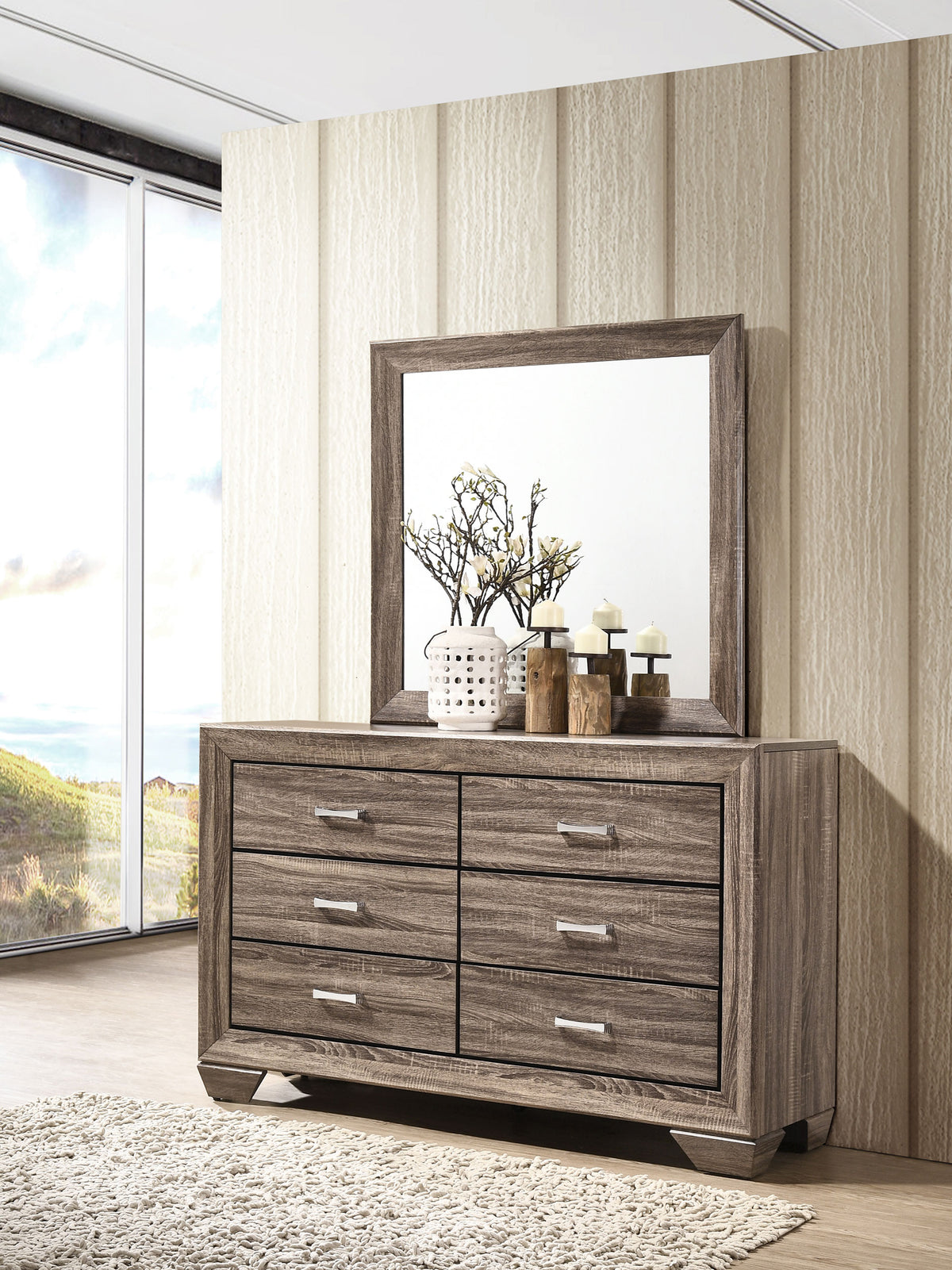 Kauffman Panel or Storage Bed & Bedroom Sets - Transitional Washed Taupe with Black Recessed Grooves - lifestyle