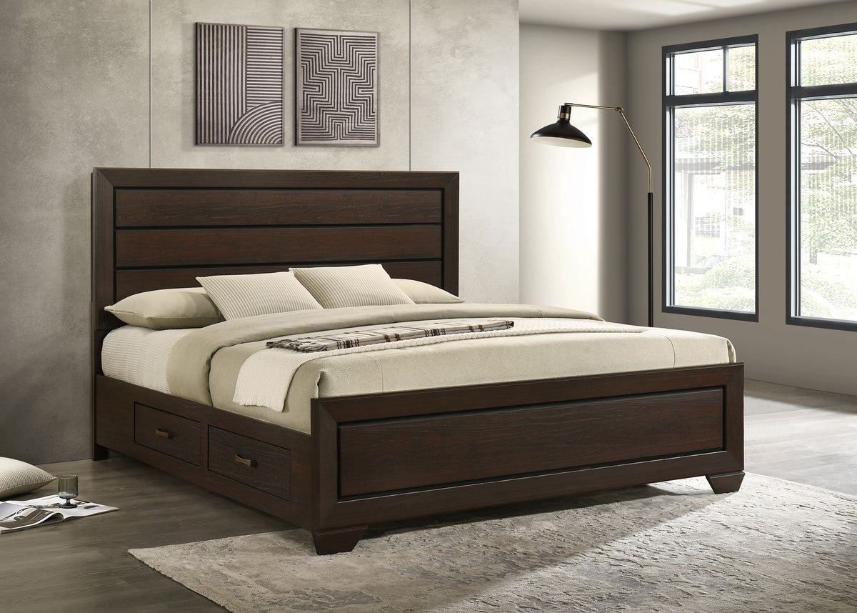 Kauffman Panel or Storage Bed & Bedroom Sets - Dark Cocoa with Black Recessed Grooves, Queen to California King - lifestyle