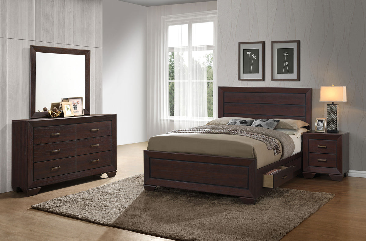 Kauffman Panel or Storage Bed & Bedroom Sets - 4pcs- California King Storage Bed + Nightstand + Dresser + Mirror