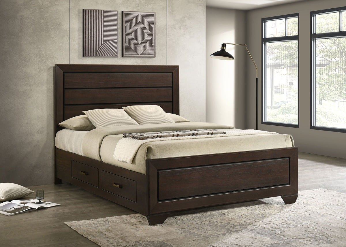 Kauffman Panel or Storage Bed & Bedroom Sets - Dark Cocoa with Black Recessed Grooves, Queen to California King - lifestyle