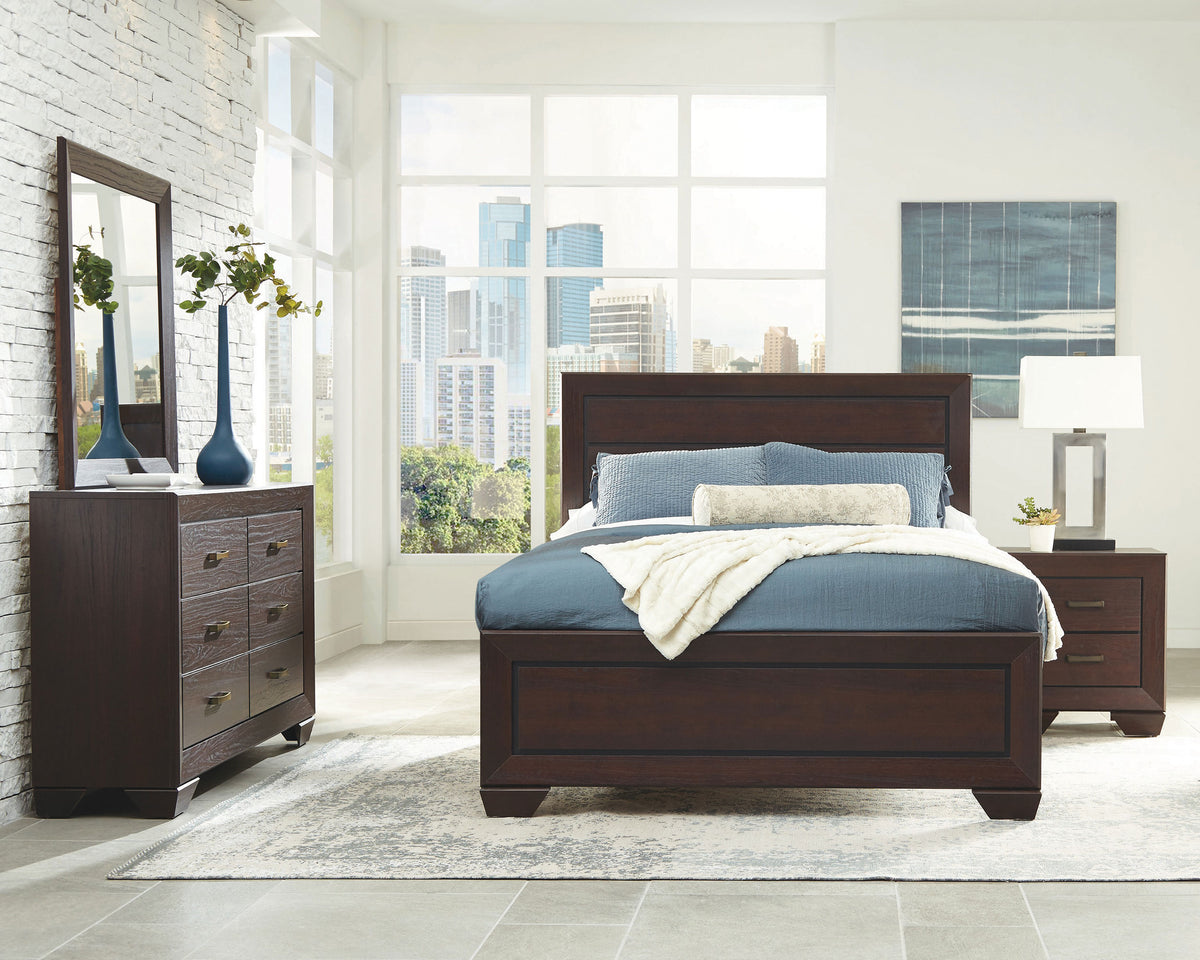 Kauffman Panel or Storage Bed & Bedroom Sets - 4pcs- California King Panel Bed + Nightstand + Dresser + Mirror