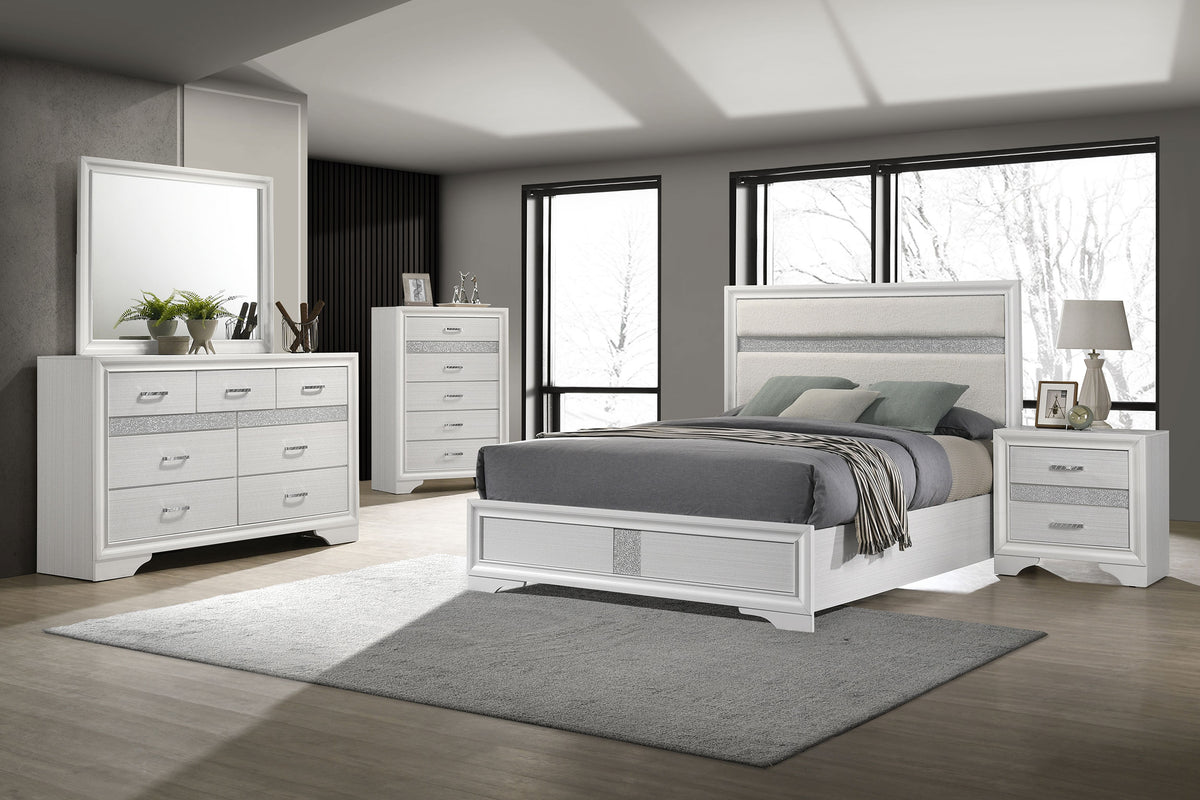 Miranda Upholstered Panel Bed & Bedroom Sets - 5pcs- Eastern King Bed + Nightstand + Dresser + Mirror + Chest