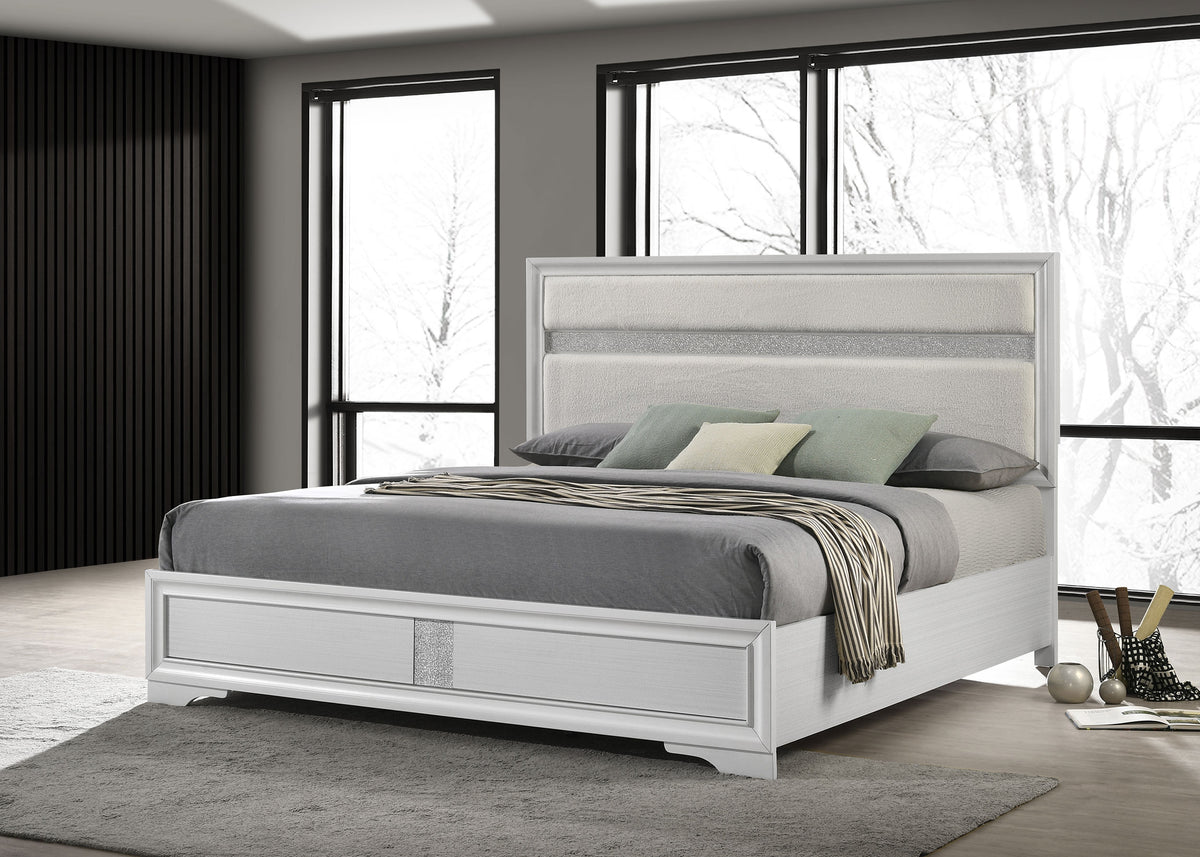 Miranda Upholstered Panel Bed & Bedroom Sets - Glam White with Glitter Stripe Headboard, Twin to California King - lifestyle