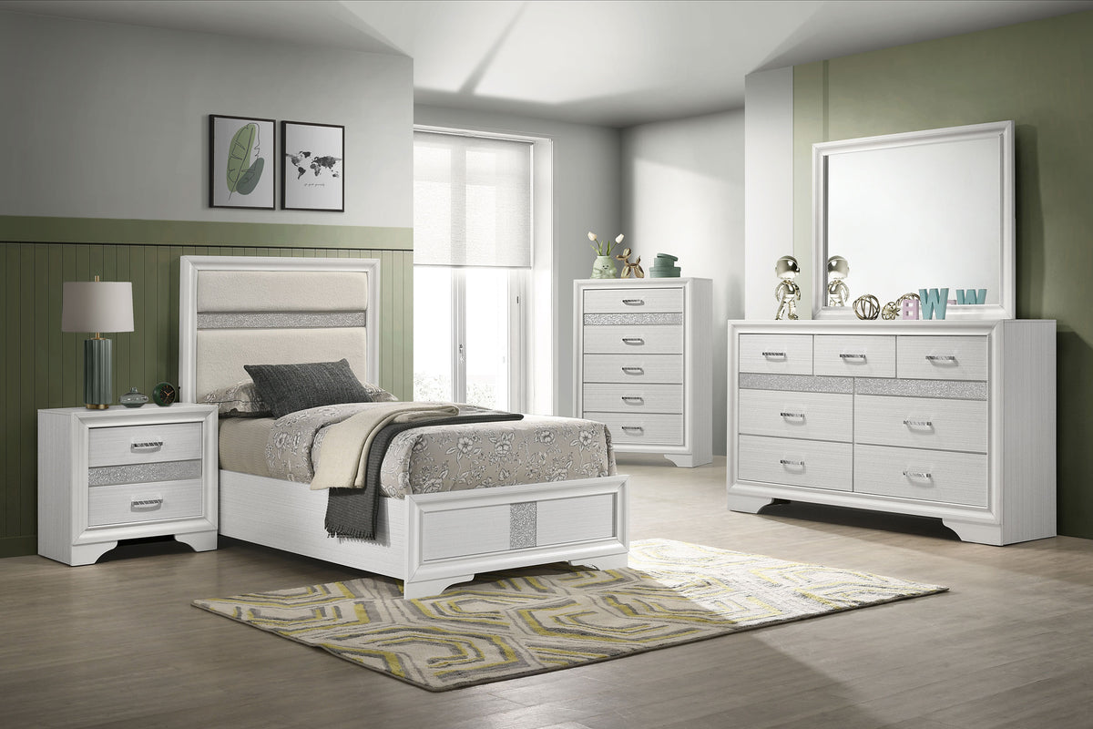 Miranda Upholstered Panel Bed & Bedroom Sets - 5pcs- Twin Bed + Nightstand + Dresser + Mirror + Chest