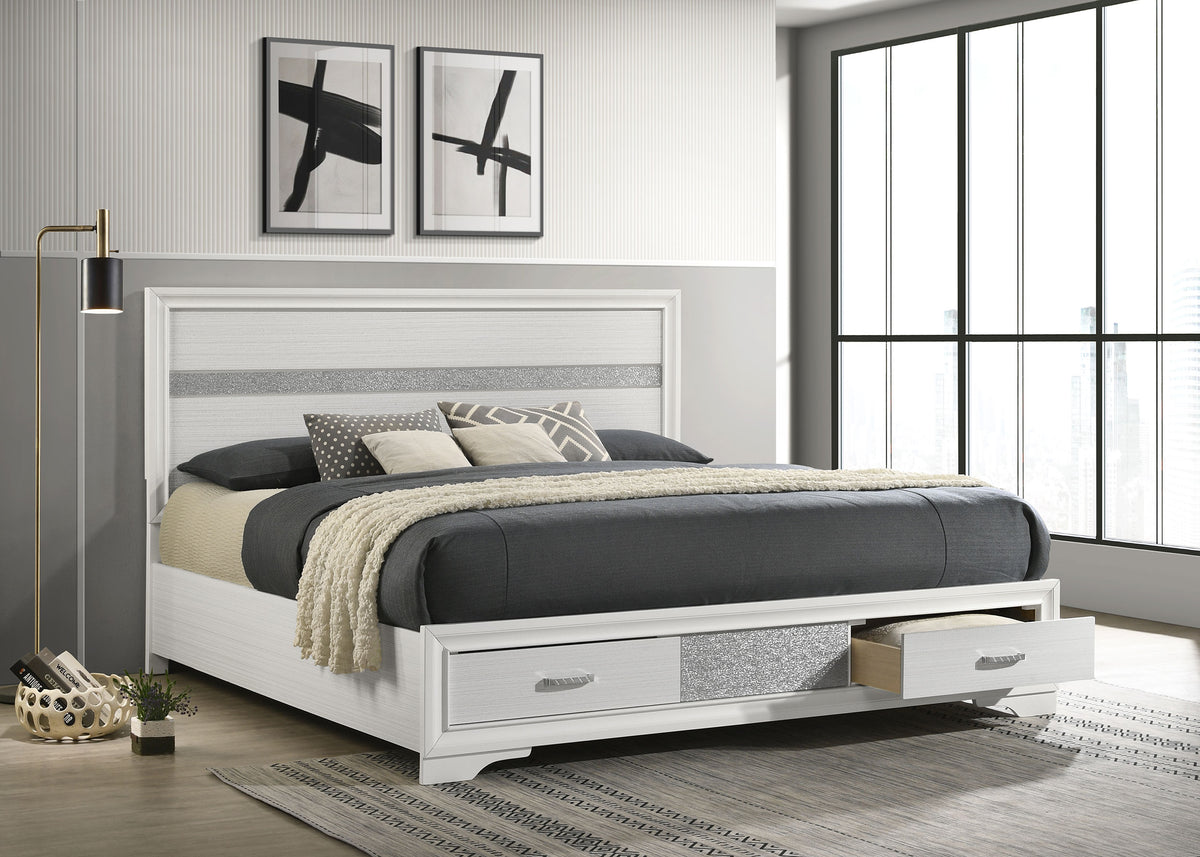 Miranda Storage Bed & Bedroom Sets - Glam White with Glitter Accents & Footboard Drawers, Twin to California King - lifestyle