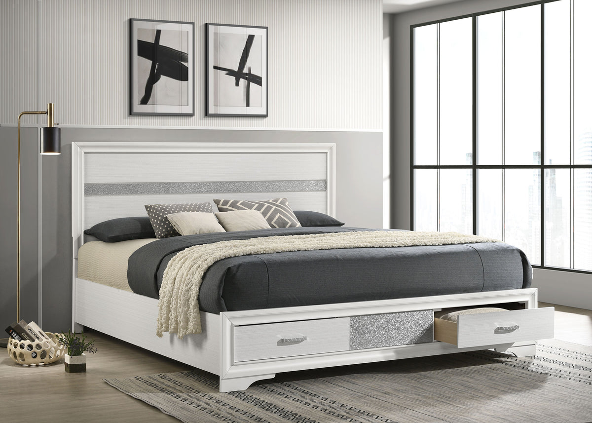 Miranda Storage Bed & Bedroom Sets - Glam White with Glitter Accents & Footboard Drawers, Twin to California King - lifestyle