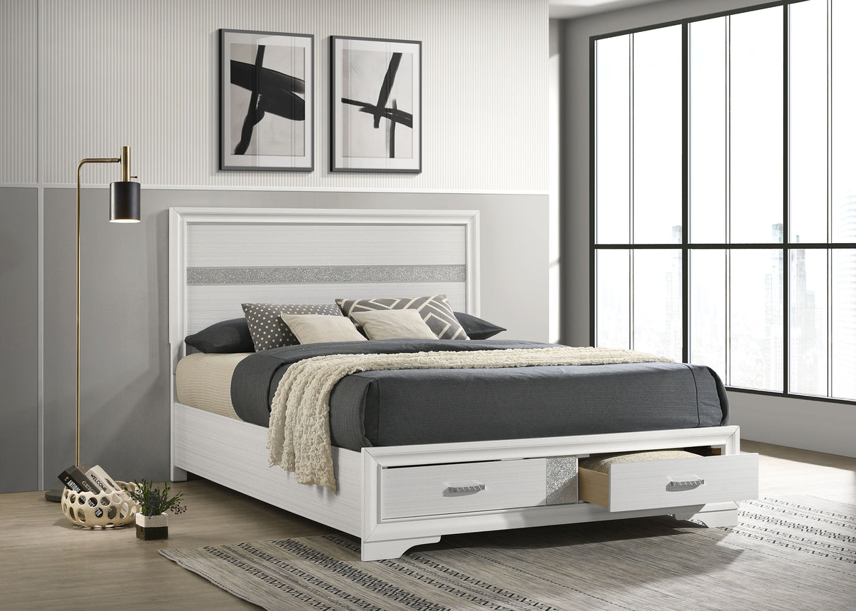 Miranda Storage Bed & Bedroom Sets - Glam White with Glitter Accents & Footboard Drawers, Twin to California King - lifestyle