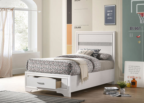 Miranda Storage Bed & Bedroom Sets - Glam White with Glitter Accents & Footboard Drawers, Twin to California King