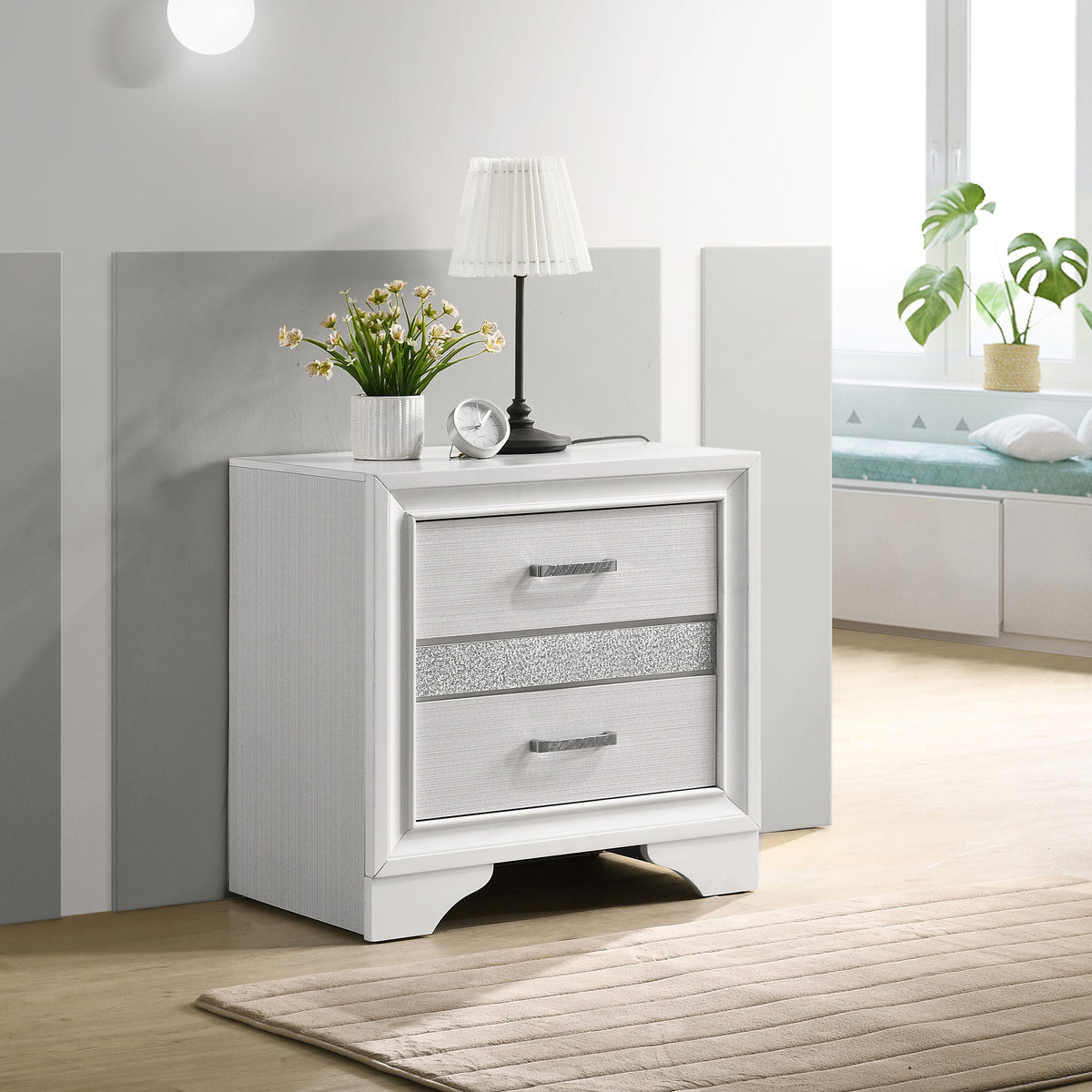 Miranda Storage Bed & Bedroom Sets - Glam White with Glitter Accents & Footboard Drawers, Twin to California King - lifestyle