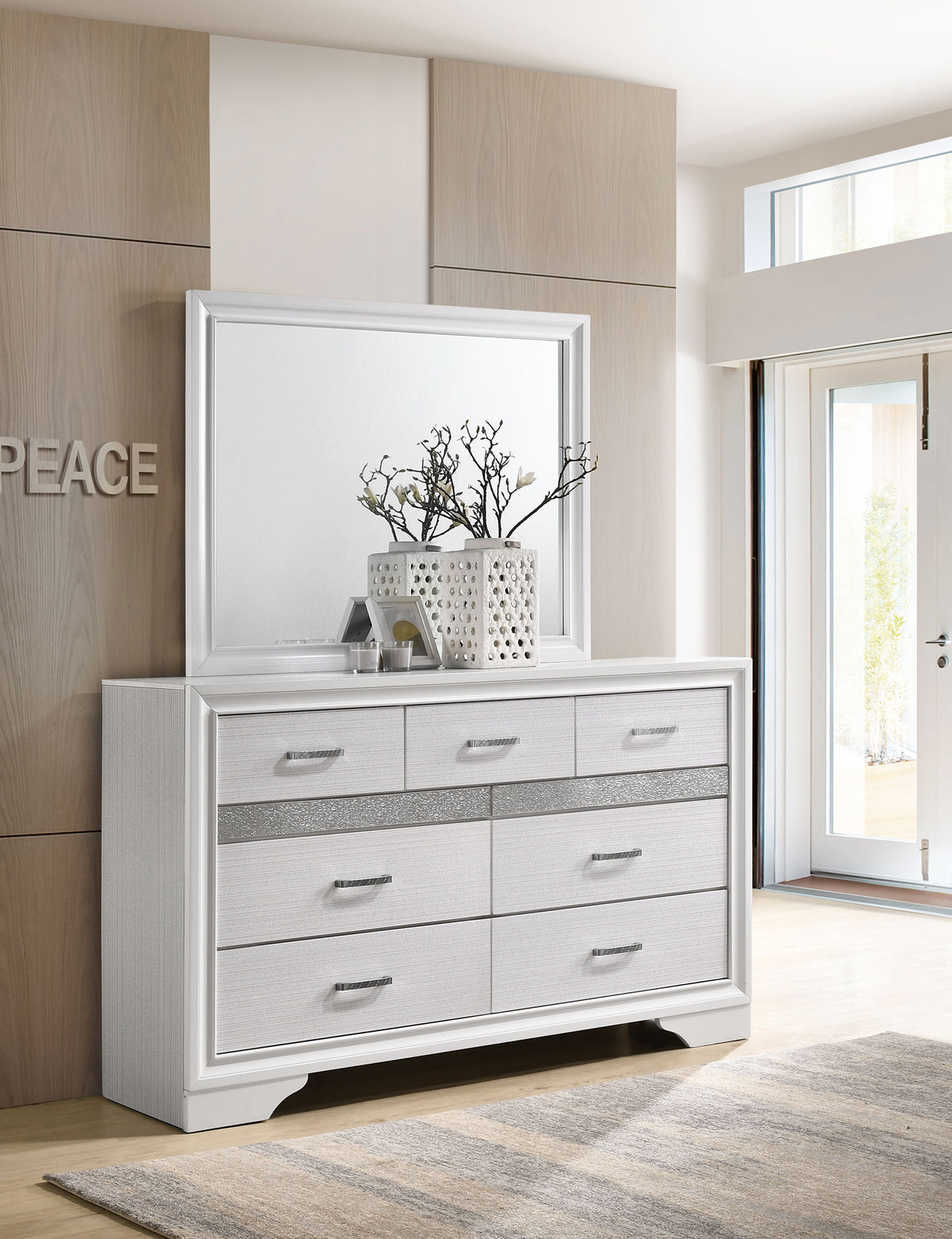 Miranda Storage Bed & Bedroom Sets - Glam White with Glitter Accents & Footboard Drawers, Twin to California King - lifestyle