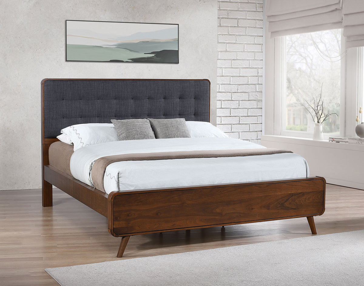 Robyn Mid-Century Platform Bed & Bedroom Sets - Tufted Gray Headboard in Dark Walnut, Twin to California King - lifestyle