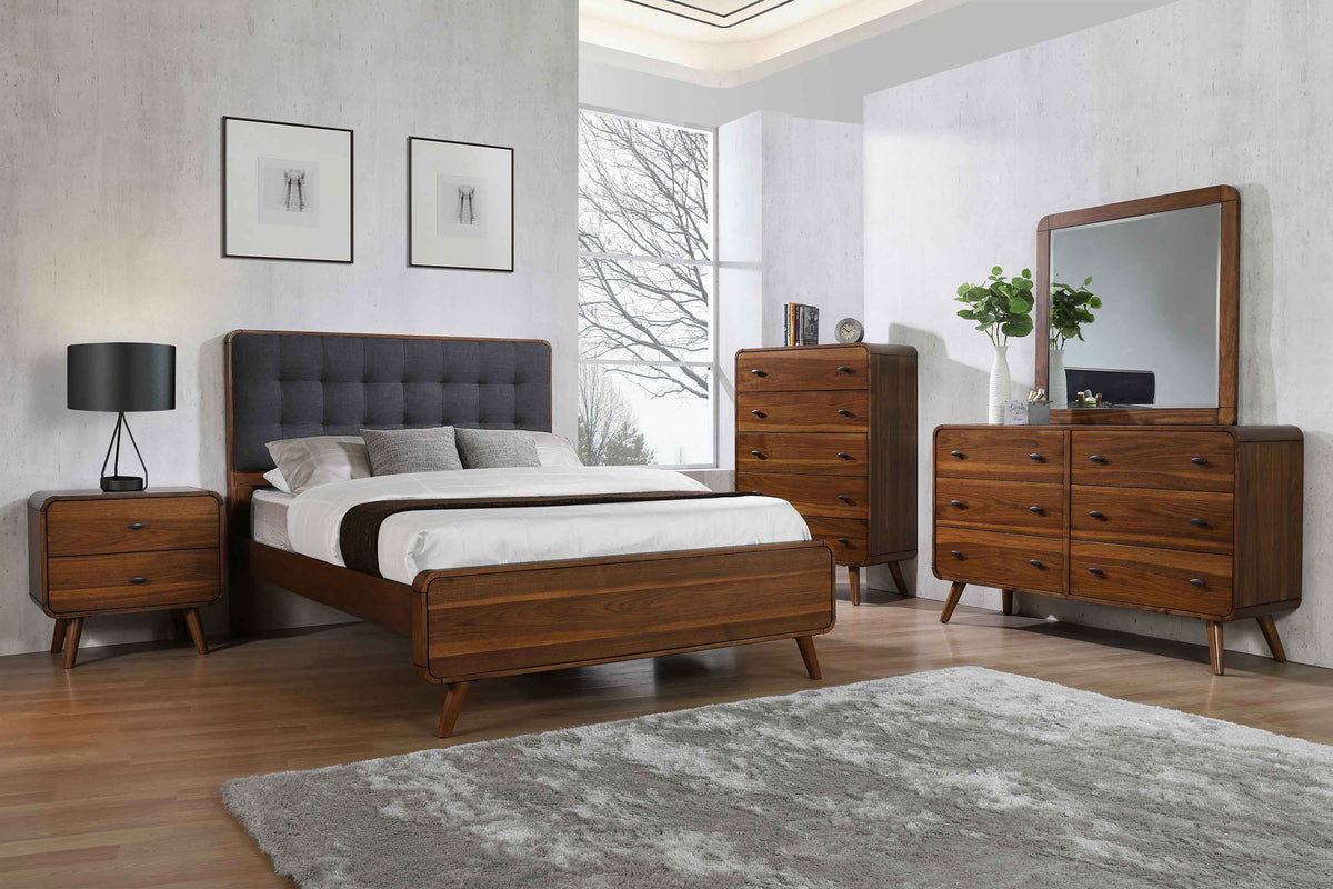 Robyn Mid-Century Platform Bed & Bedroom Sets - Queen - 5pcs- Bed + Nightstand + Dresser + Mirror + Chest
