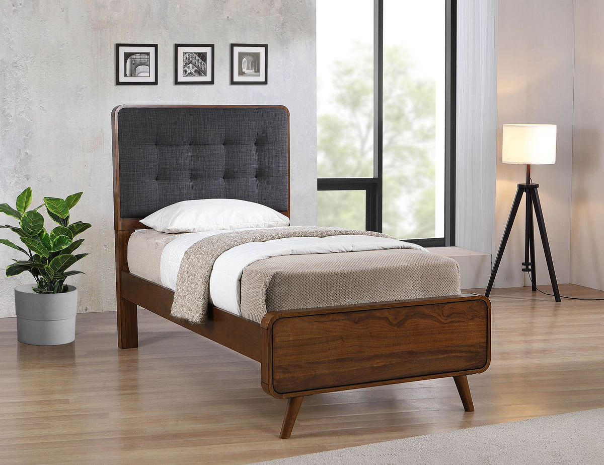 Robyn Mid-Century Platform Bed & Bedroom Sets - Tufted Gray Headboard in Dark Walnut, Twin to California King – view 1