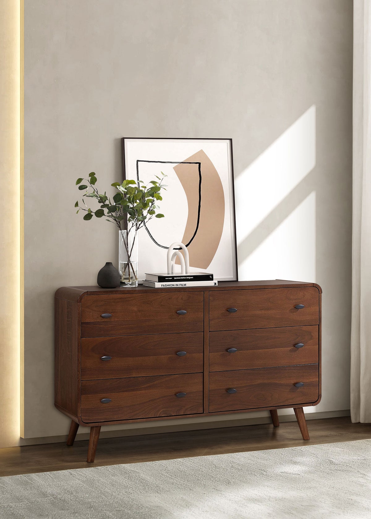 Robyn Mid-Century Platform Bed & Bedroom Sets - Tufted Gray Headboard in Dark Walnut, Twin to California King - lifestyle