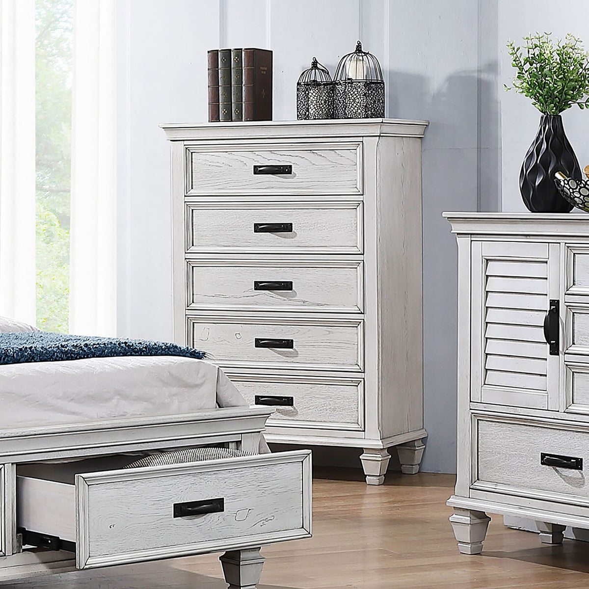 Franco Panel or Storage Bed & Bedroom Sets - Wire-Brushed Distressed White Farmhouse Collection - lifestyle
