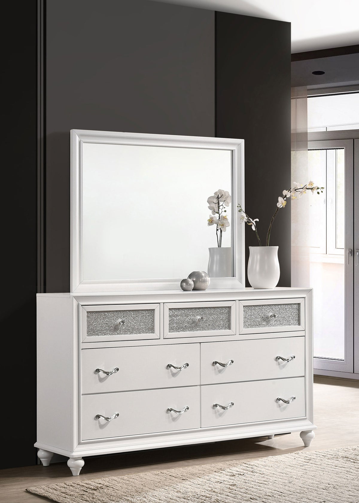 Barzini Panel Bed & Bedroom Sets - Glam White with Metallic Channel Tufting & Crystal Hardware - lifestyle