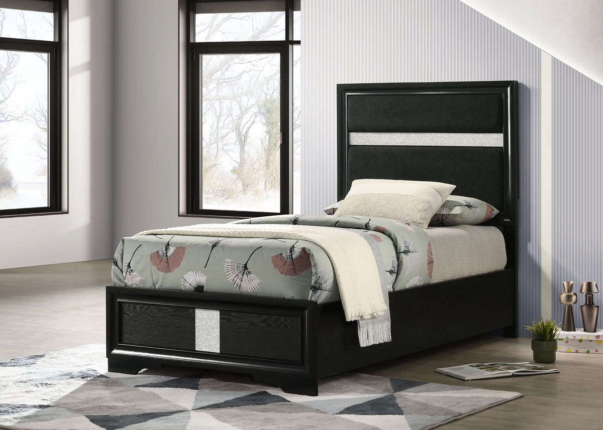 Miranda Upholstered Panel Bed & Bedroom Sets - Glam Black with Glitter Stripe Headboard, Twin to California King โ view 1