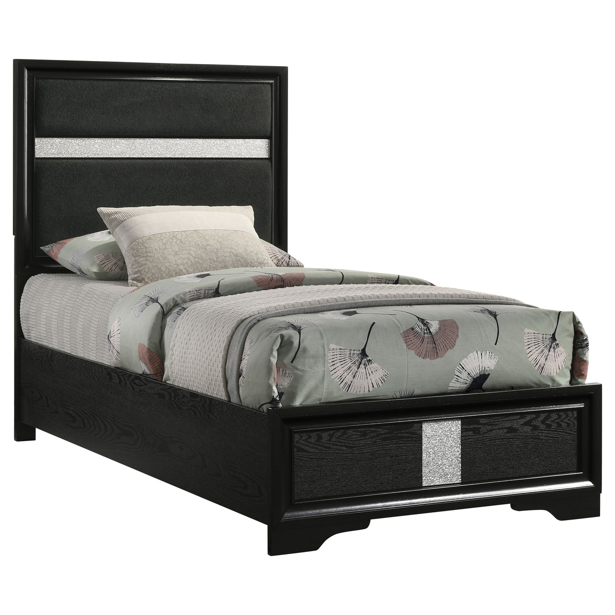 Miranda Upholstered Panel Bed & Bedroom Sets - Glam Black with Glitter Stripe Headboard, Twin to California King โ view 17