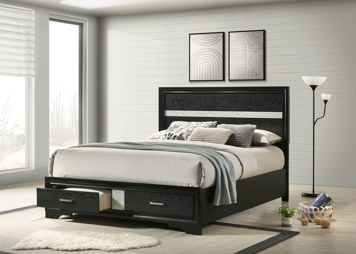 Miranda Storage Panel Bed & Bedroom Sets - Glam Black with Crystal Pulls & Glitter Accents, Twin to California King - lifestyle