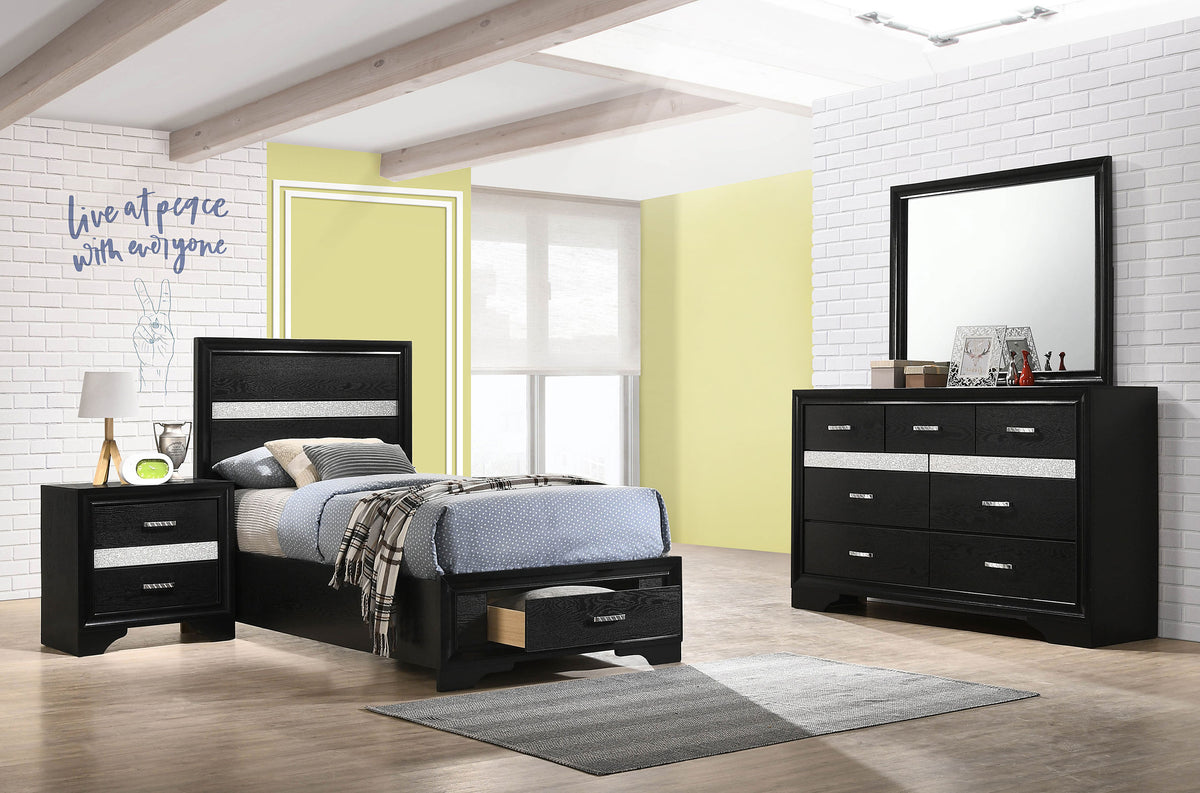Miranda Storage Panel Bed & Bedroom Sets - 4pcs- Twin Bed + Dresser + Mirror + Nightstand