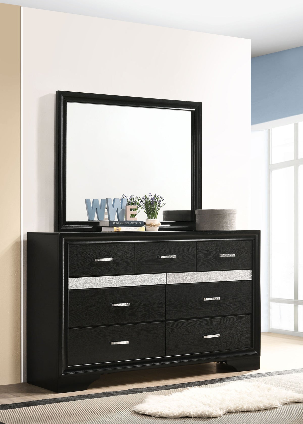Miranda Storage Panel Bed & Bedroom Sets - Glam Black with Crystal Pulls & Glitter Accents, Twin to California King - lifestyle