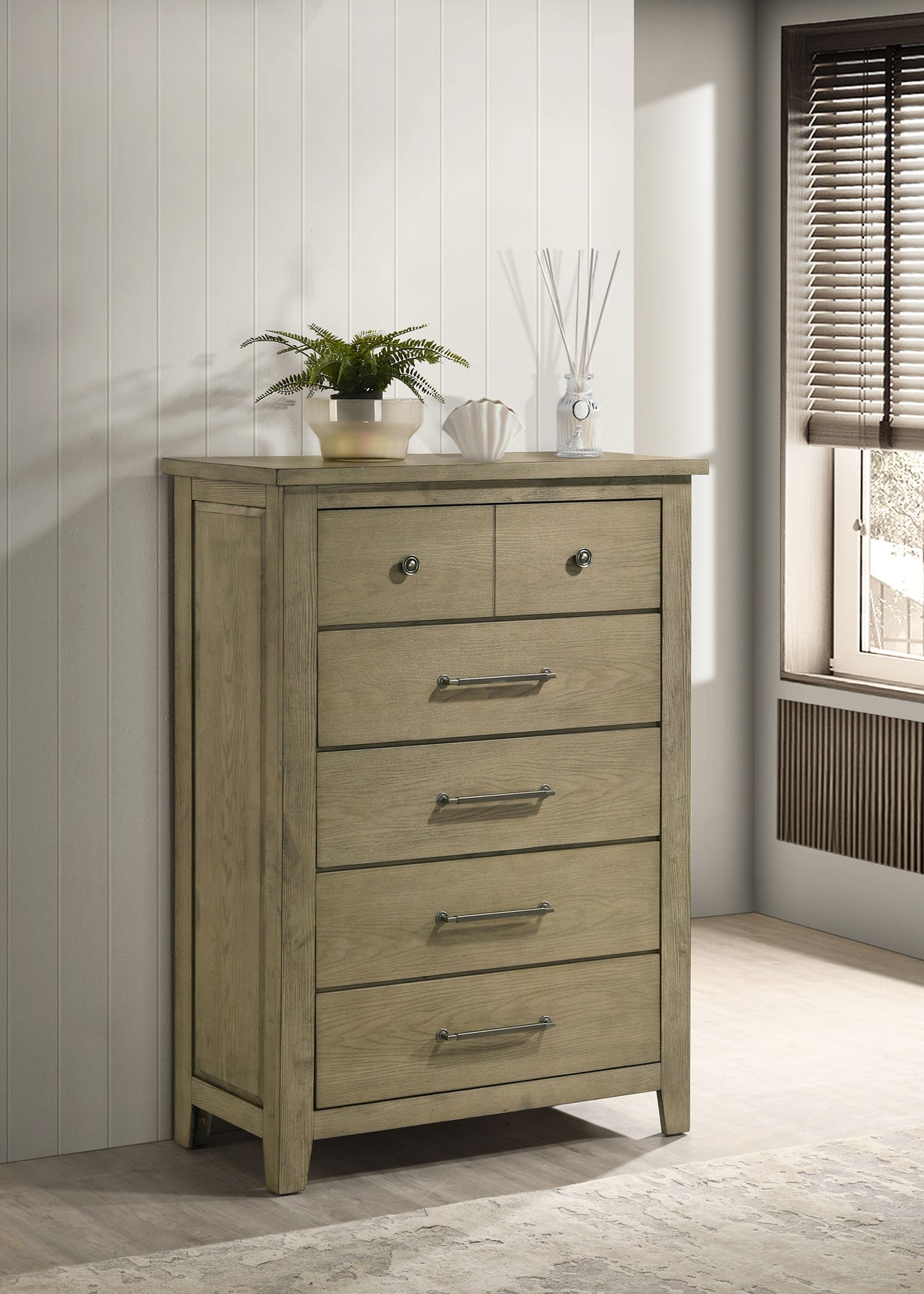 Hazlewood Storage or Panel Bed & Bedroom Sets - Open-Slat Headboard in Vineyard Oak, Queen or Eastern King - lifestyle