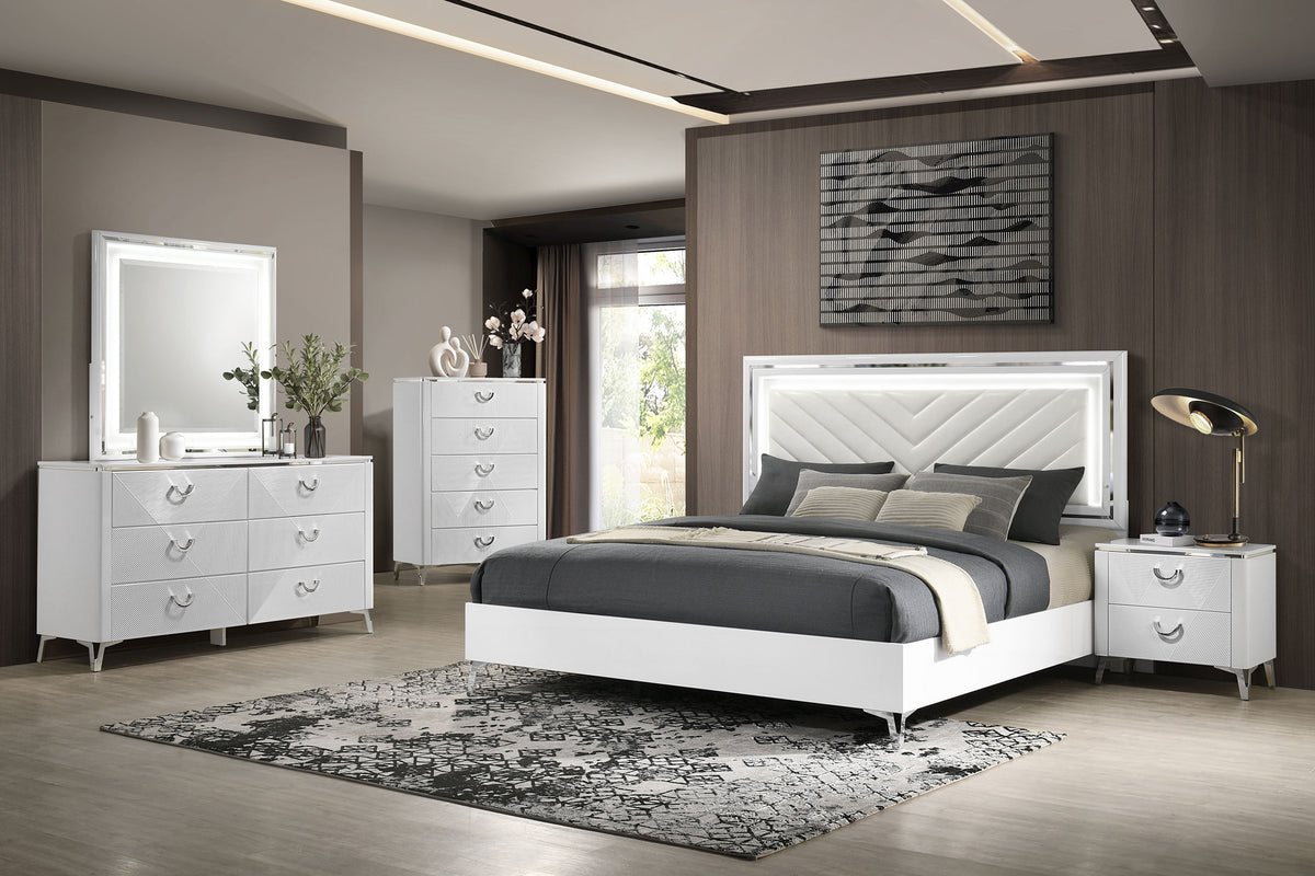 Cassia LED Panel Bed & Bedroom Collection - 5pcs- Eastern King Bed + Nightstand + Dresser + Mirror + Chest