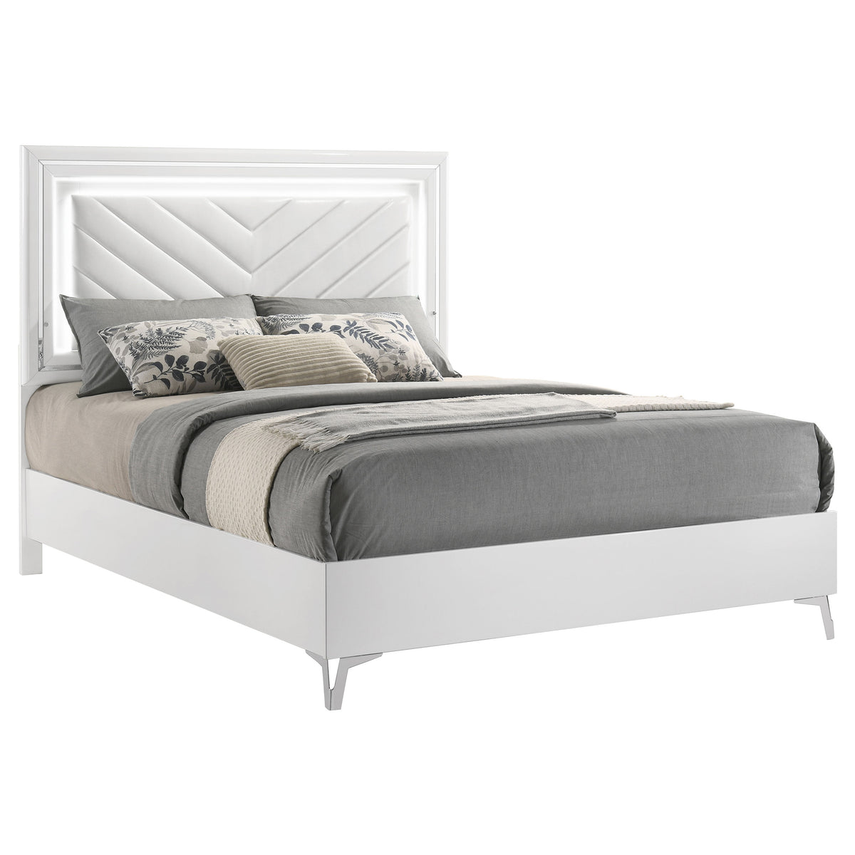 Cassia LED Panel Bed & Bedroom Collection - Chevron-Tufted Headboard, White High Gloss with Chrome โ view 12