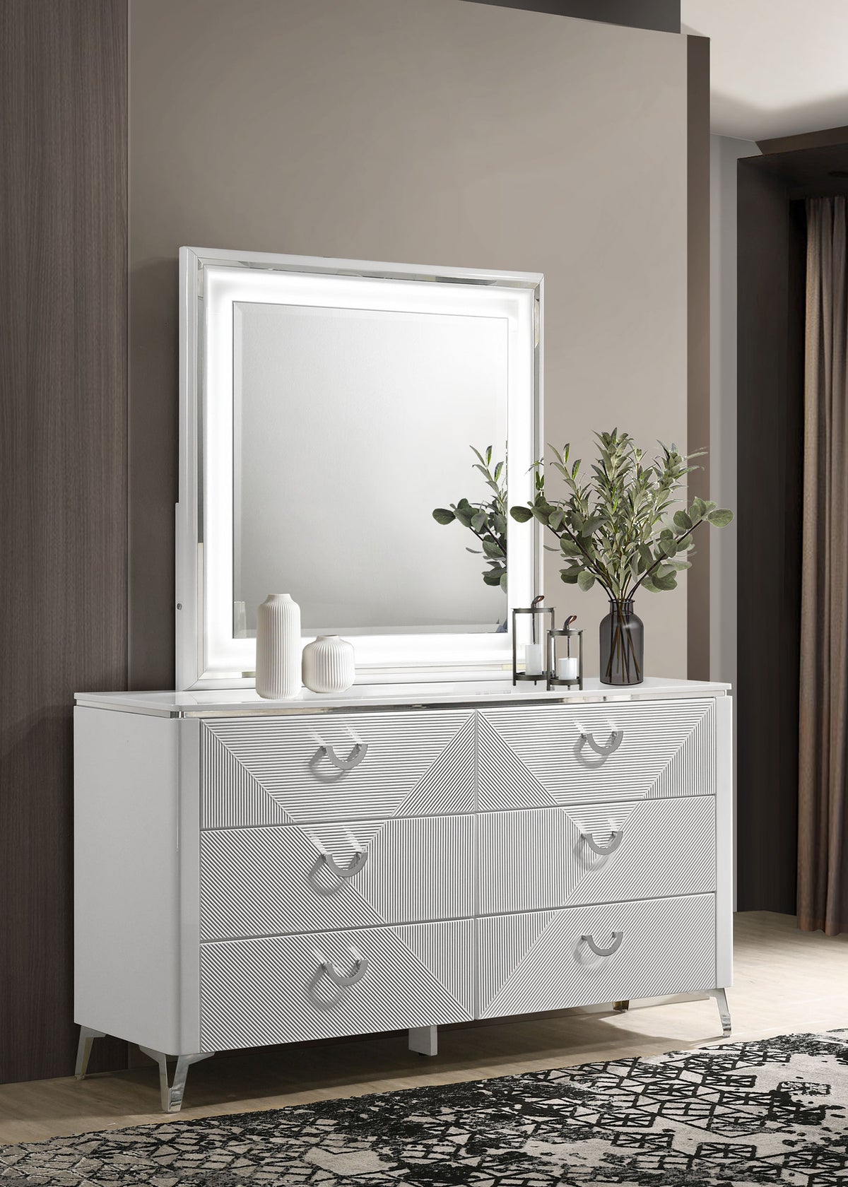 Cassia LED Panel Bed & Bedroom Collection - Chevron-Tufted Headboard, White High Gloss with Chrome - lifestyle