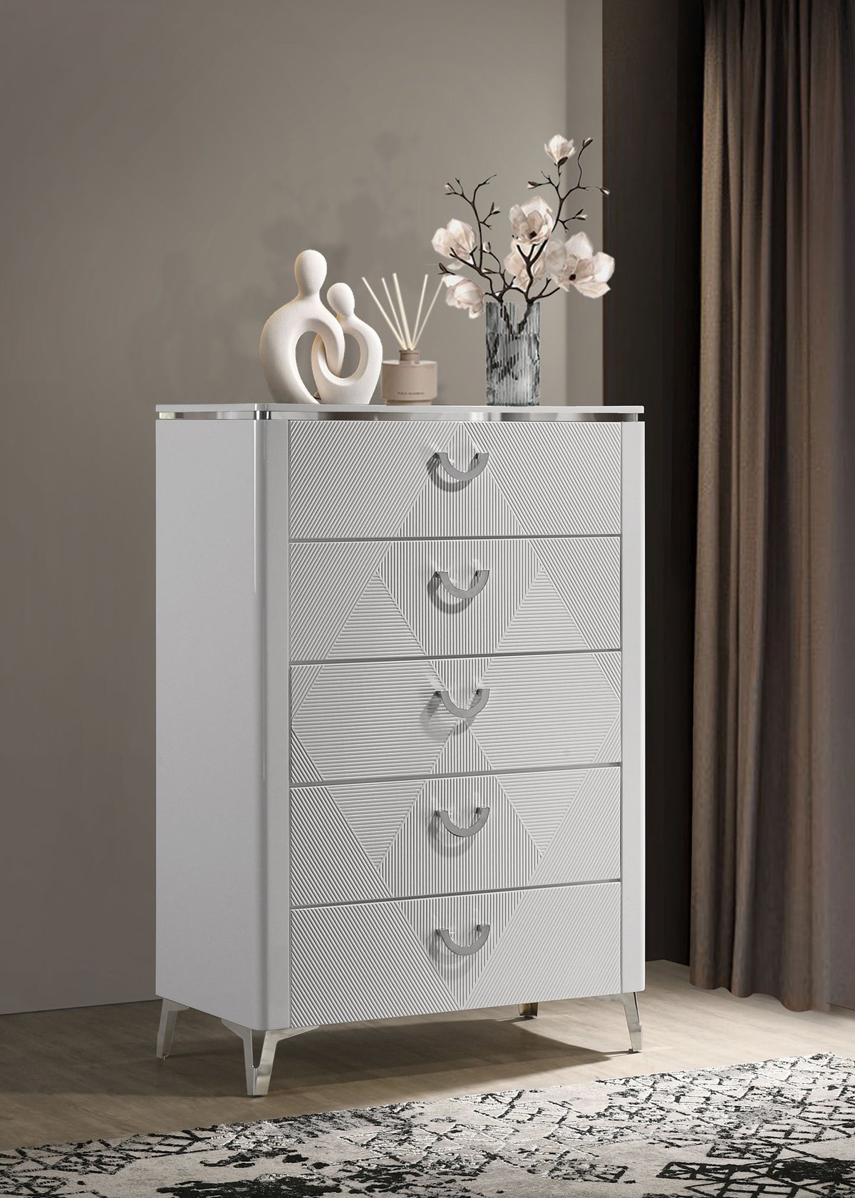 Cassia LED Panel Bed & Bedroom Collection - Chevron-Tufted Headboard, White High Gloss with Chrome - lifestyle