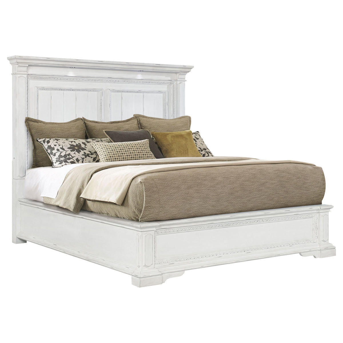McKinney Panel Bed & Bedroom Sets with LED Reading Lights - Traditional Distressed Vintage White
