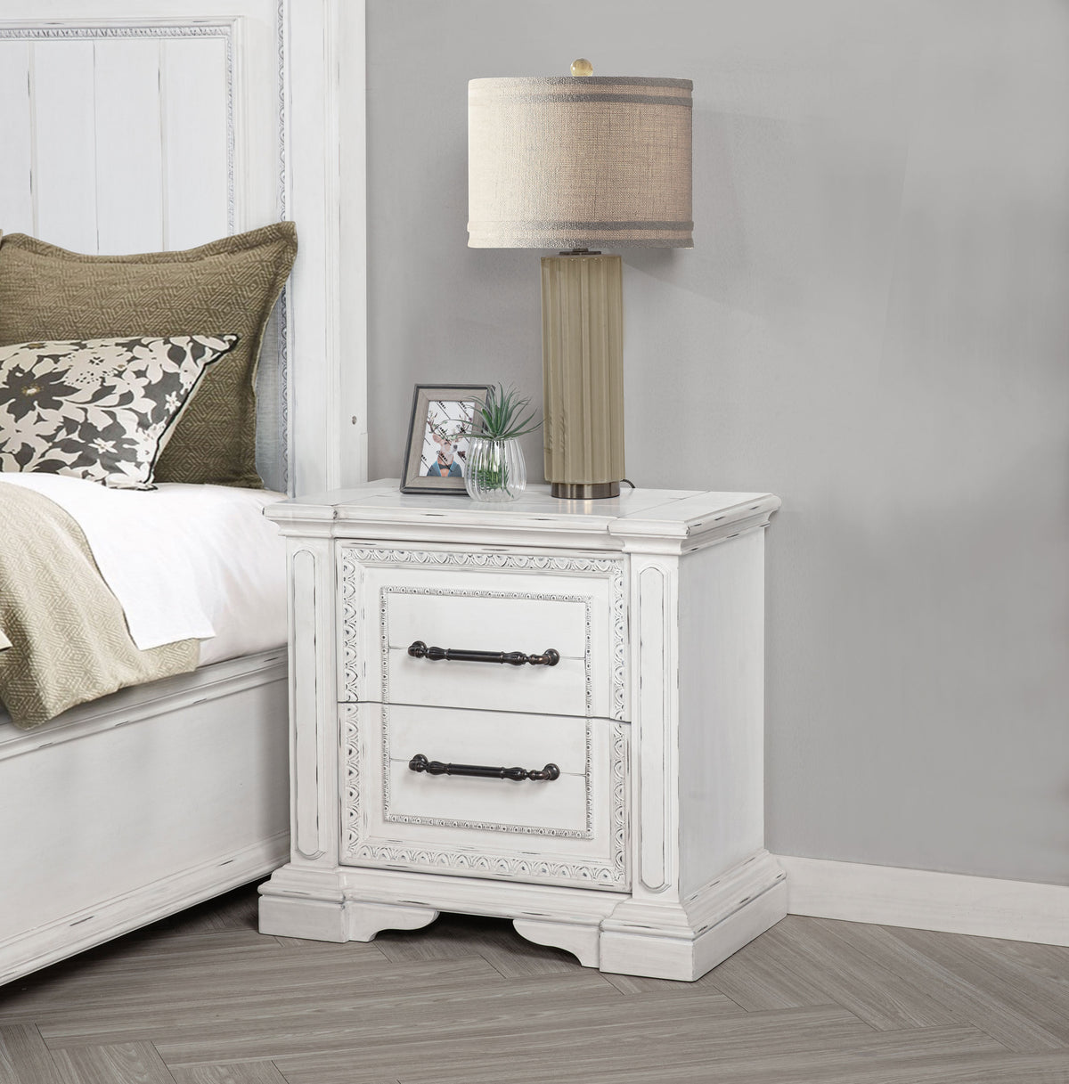 McKinney Panel Bed & Bedroom Sets with LED Reading Lights - Traditional Distressed Vintage White - lifestyle