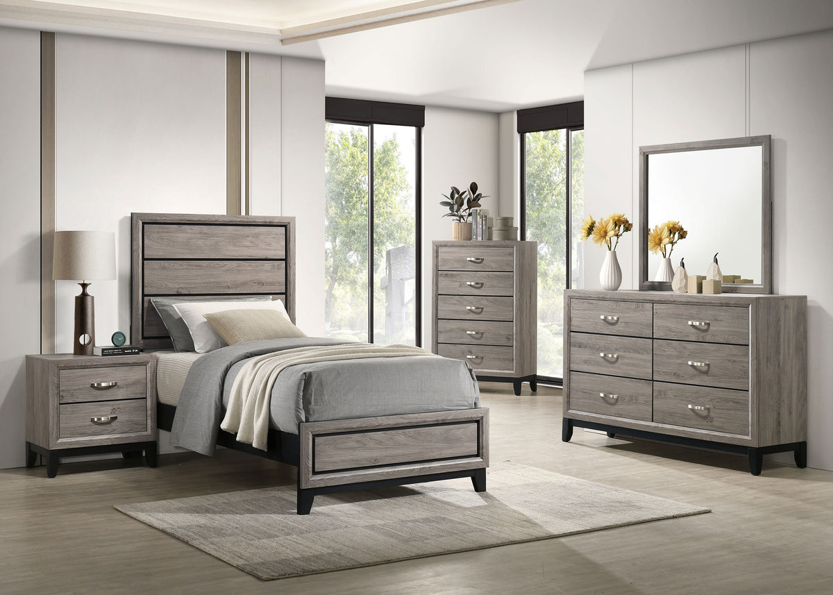 Watson Groove-Detailed Panel Bed & Bedroom Sets - Twin, 5pcs- Bed + Nightstand + Dresser + Mirror + Chest