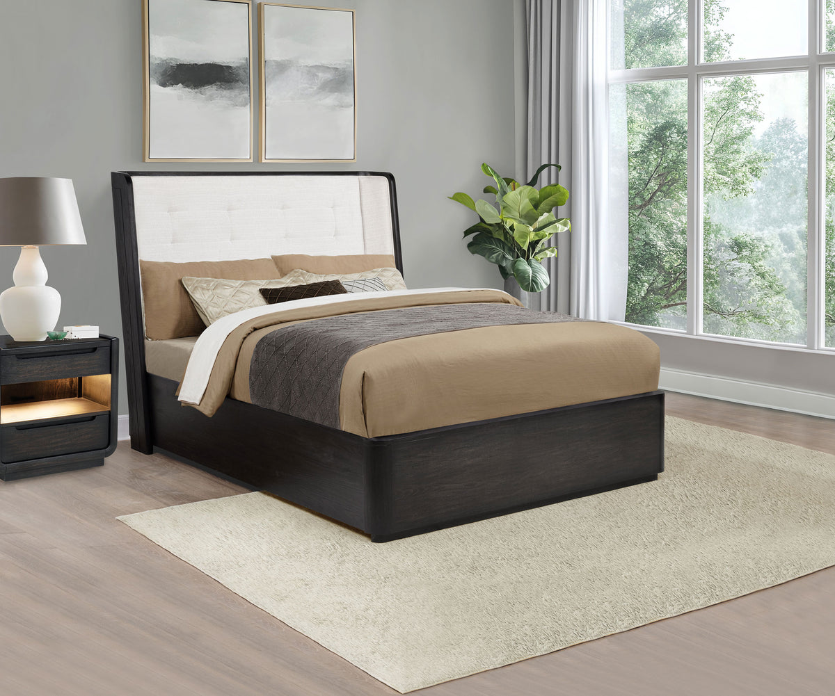 Leandro Wingback Bed & Bedroom Sets - Cream Upholstered Headboard with Burnished Black Case Pieces, Queen to California King โ view 1