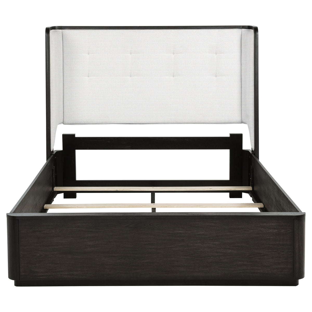Leandro Wingback Bed & Bedroom Sets - Cream Upholstered Headboard with Burnished Black Case Pieces, Queen to California King