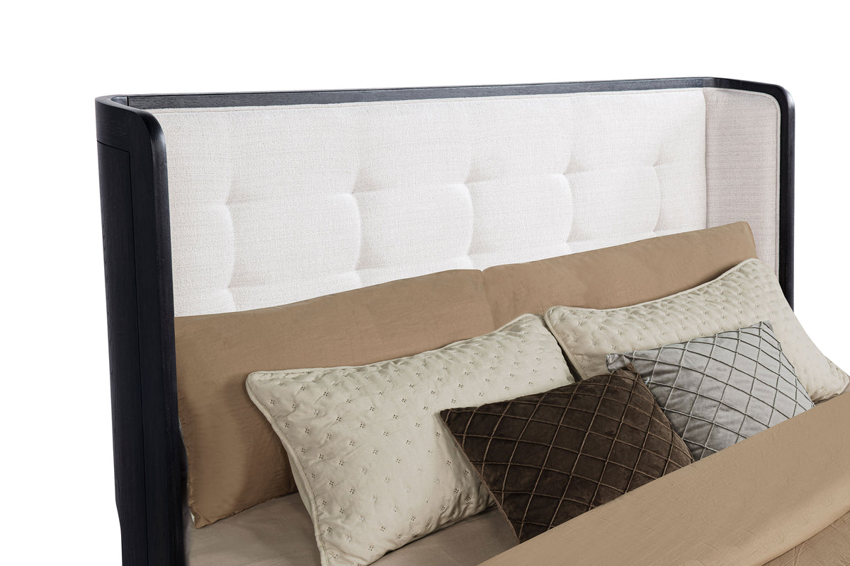 Leandro Wingback Bed & Bedroom Sets - Cream Upholstered Headboard with Burnished Black Case Pieces, Queen to California King