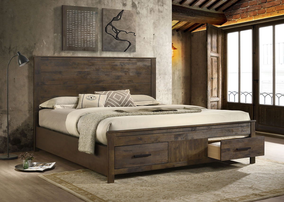 Woodmont Storage Panel Bed & Bedroom Sets - Footboard Drawers in Wire-Brushed Rustic Golden Brown - lifestyle