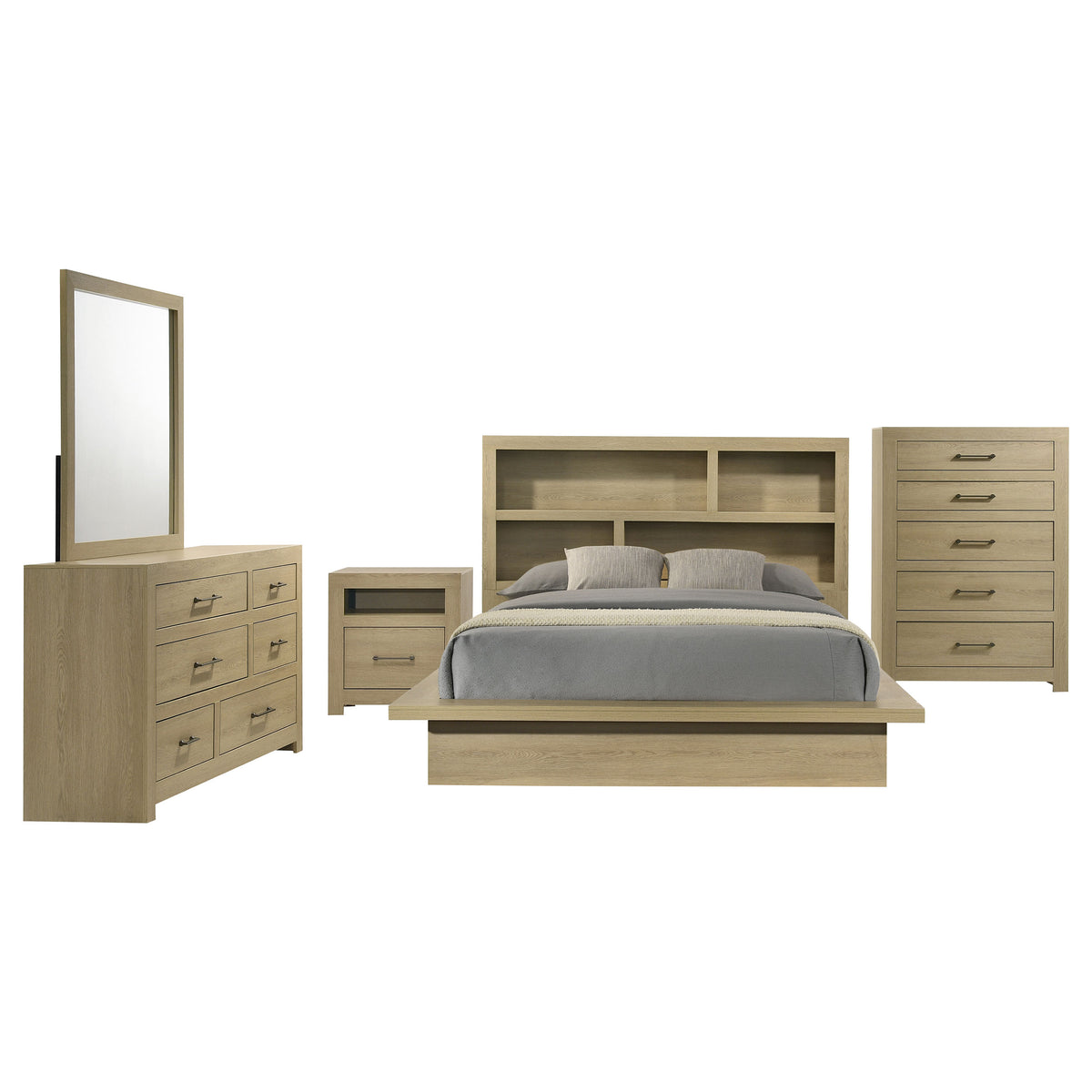 Hendricks Queen Platform Bed & Bedroom Sets - Bookcase Headboard, 5pcs- Queen Bed + Nightstand + Dresser + Mirror + Chest