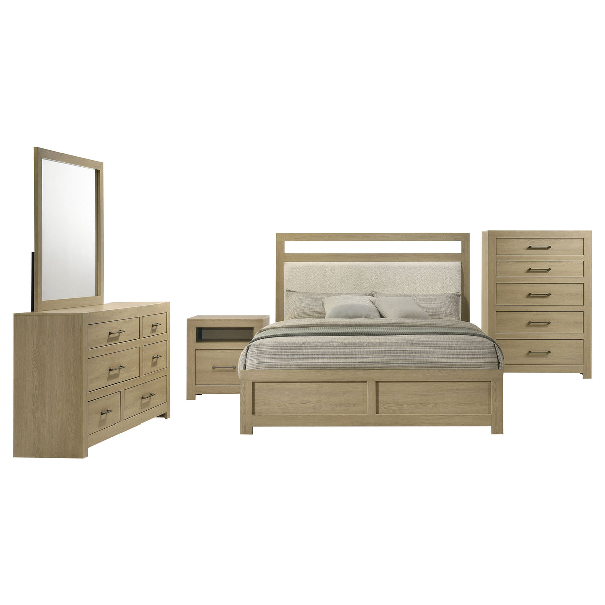 Hendricks Queen Platform Bed & Bedroom Sets - Upholstered Headboard, 5pcs- Queen Bed + Nightstand + Dresser + Mirror + Chest