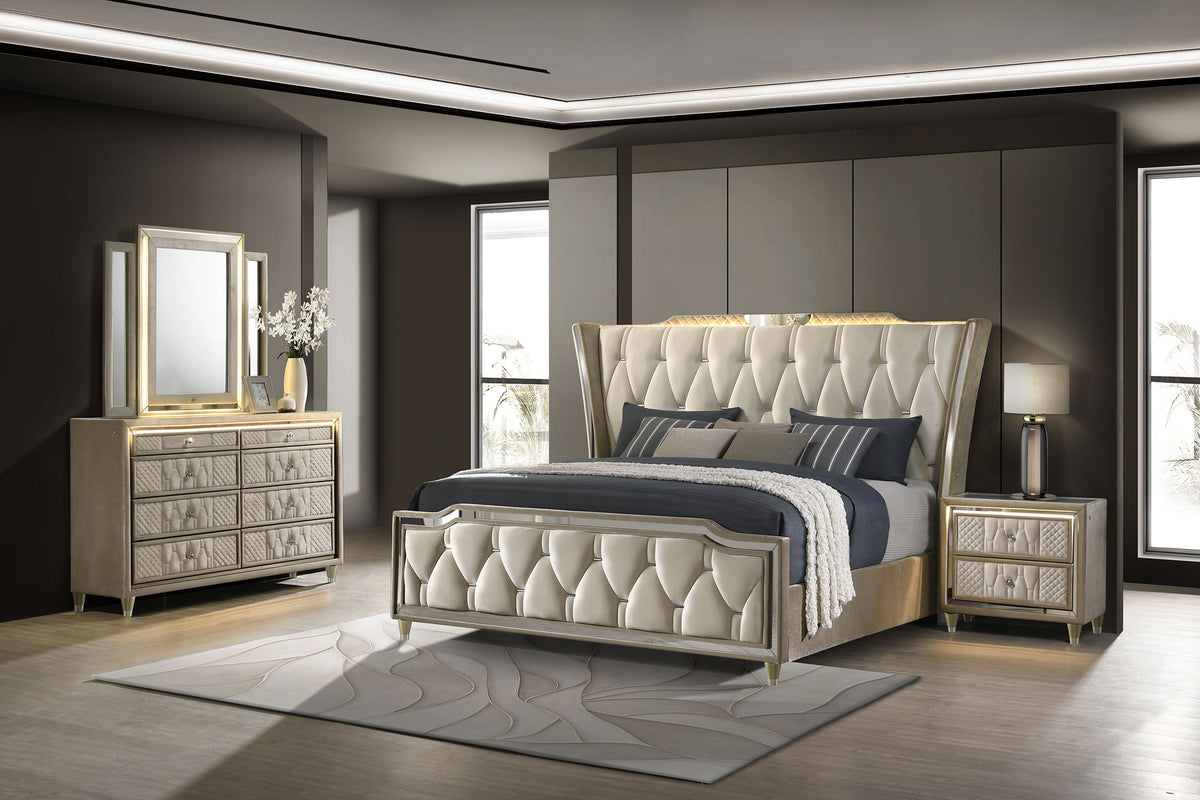 Lorient LED Velvet Wingback Bedroom Collection - 4pcs- Eastern King Bed + Nightstand + Dresser + Mirror