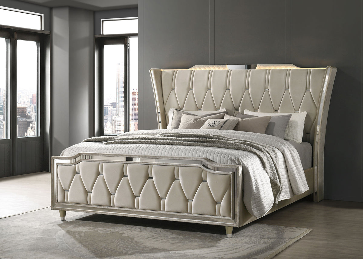 Lorient LED Velvet Wingback Bedroom Collection - Tufted Glam Bed, Dressers & Sets in Ivory and Camel - lifestyle