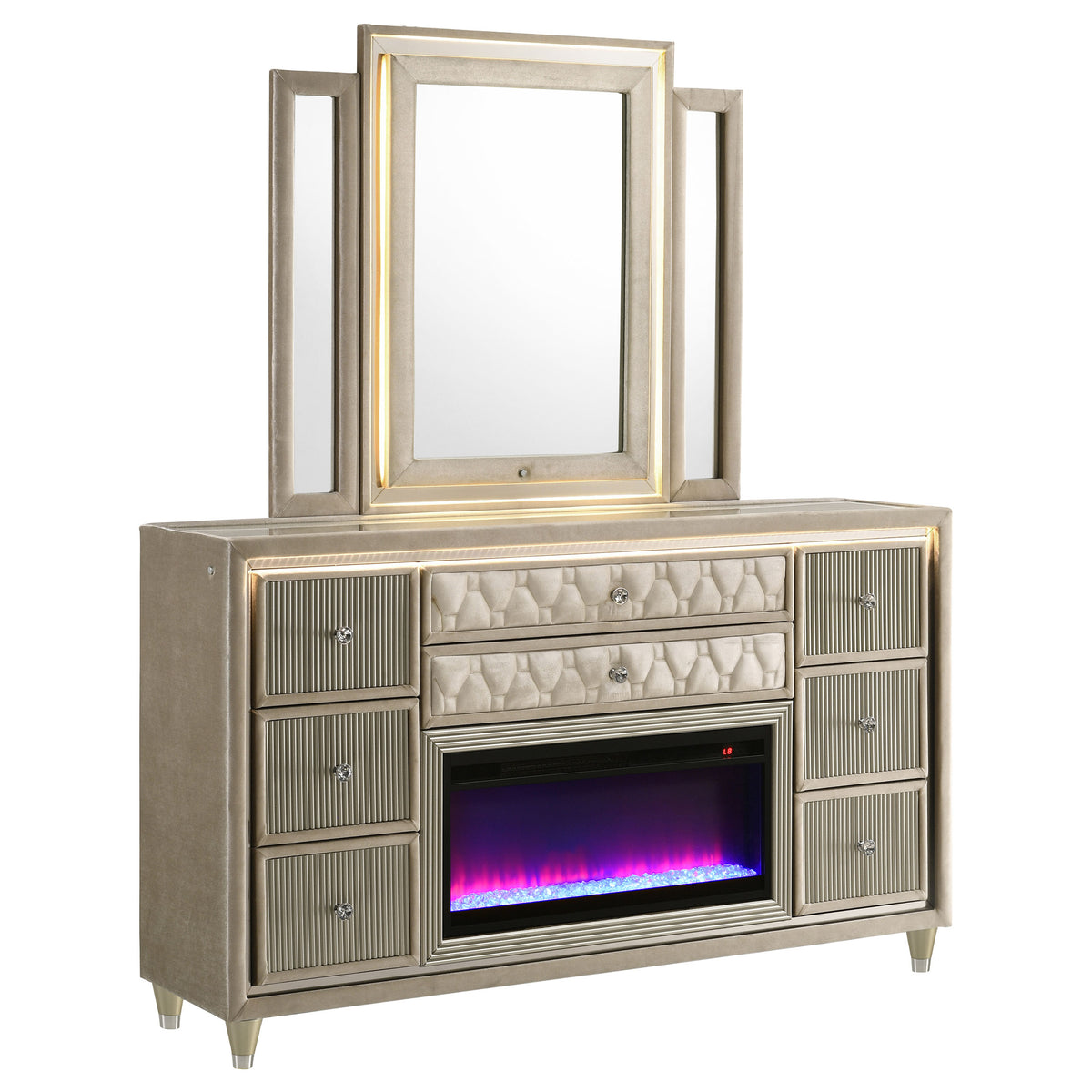 Lorient LED Velvet Wingback Bedroom Collection - 8-Drawer Fireplace Dresser + Mirror